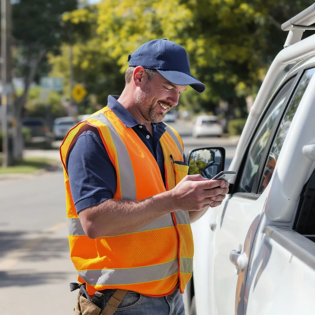 Tradie checking job lead on phone next to ute